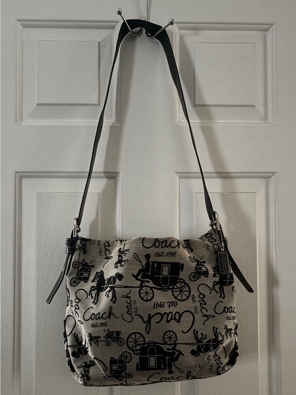Vintage Coach Horse & Carriage Print Hobo Bag | Iconic Black and Grey - Picture 1 of 6